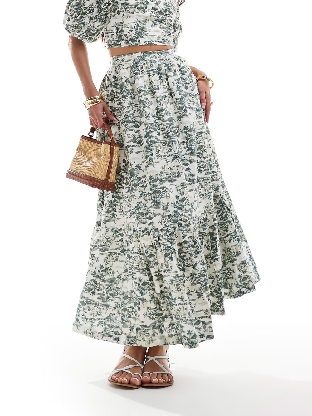 Abercrombie & Fitch XS Green and White Tiered Maxi Skirt with Botanical Print